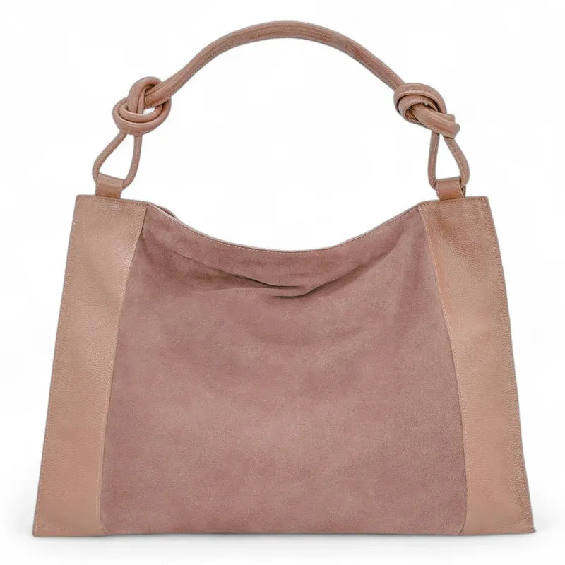 Grand sac porté épaule en daim et cuir grainé KNOT Rose nude