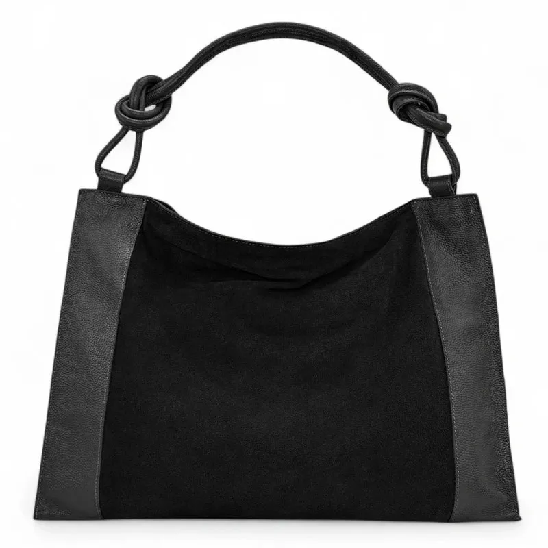 Grand sac porté épaule en daim et cuir grainé KNOT Noir