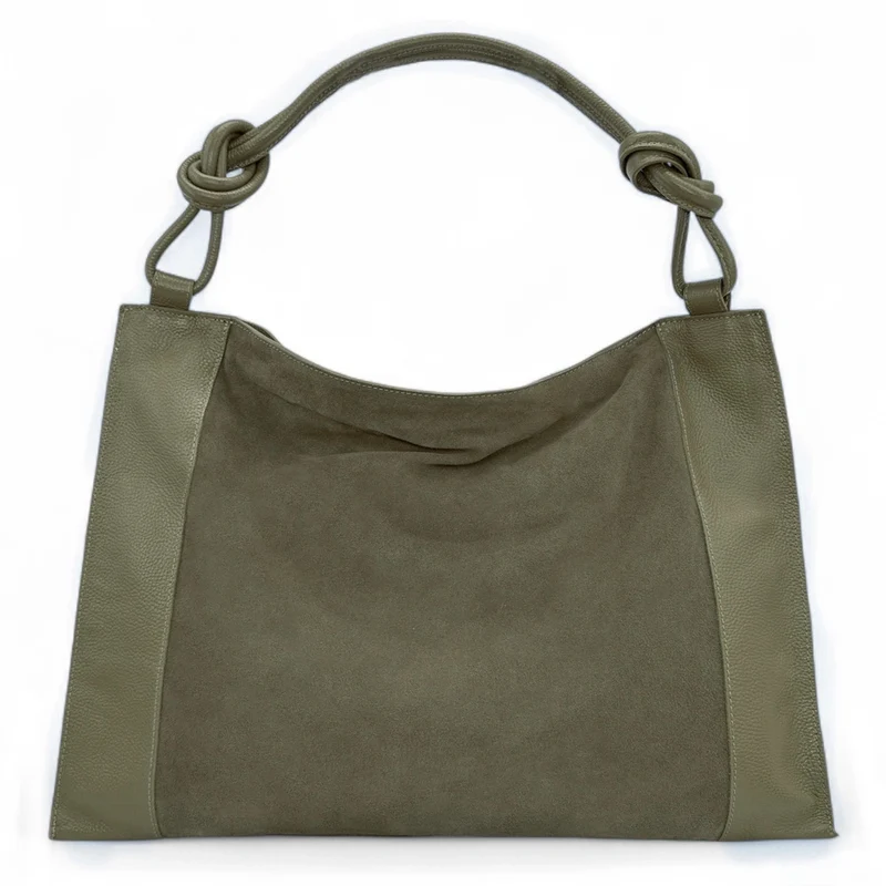 Grand sac porté épaule en daim et cuir grainé KNOT Kaki