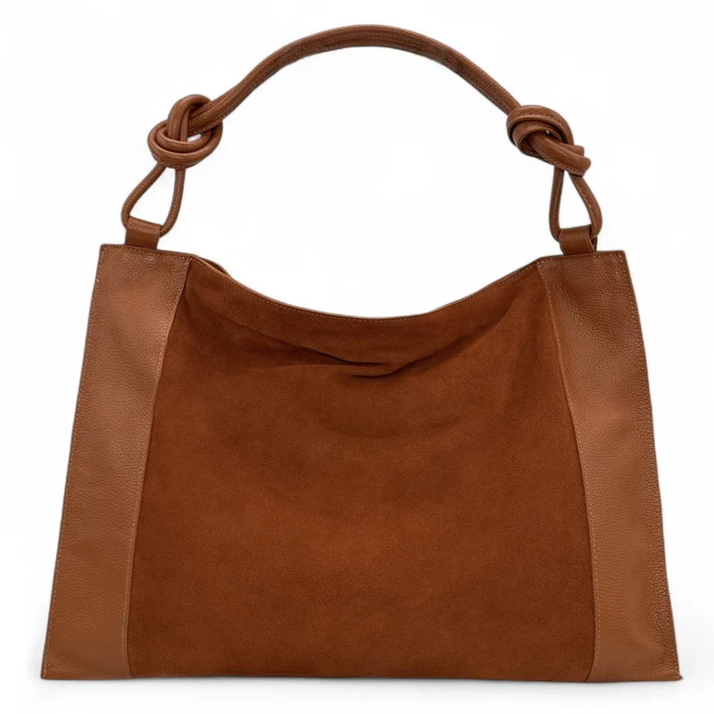 Grand sac porté épaule en daim et cuir grainé KNOT Camel foncé