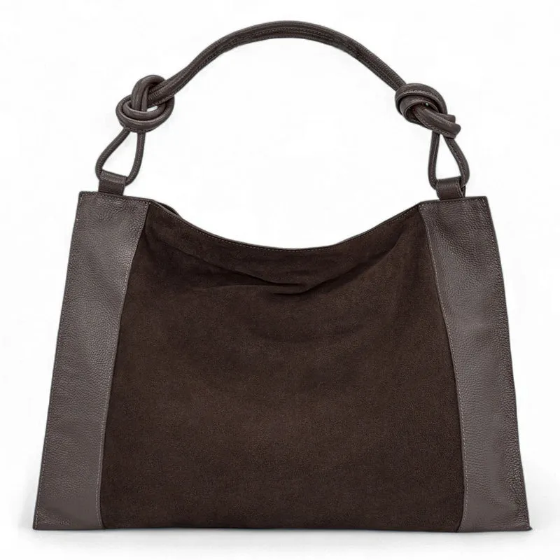 Grand sac porté épaule en daim et cuir grainé KNOT Chocolat