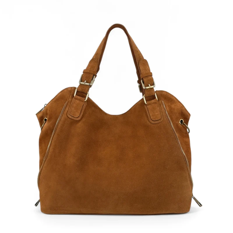 Grand sac hobo en croûte de cuir CAMELIA SUEDE Marron Camel foncé
