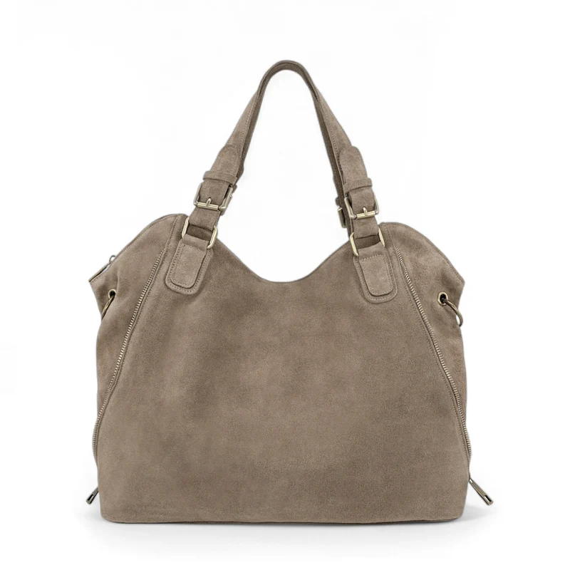 Grand sac hobo en croûte de cuir CAMELIA SUEDE Taupe clair