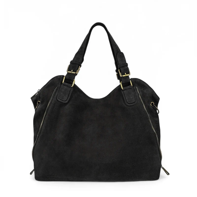 Grand sac hobo en croûte de cuir CAMELIA SUEDE Noir