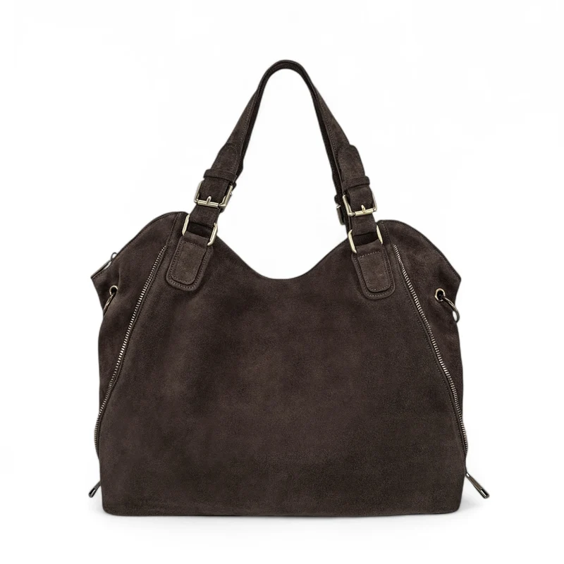 Grand sac hobo en croûte de cuir CAMELIA SUEDE Marron Chocolat