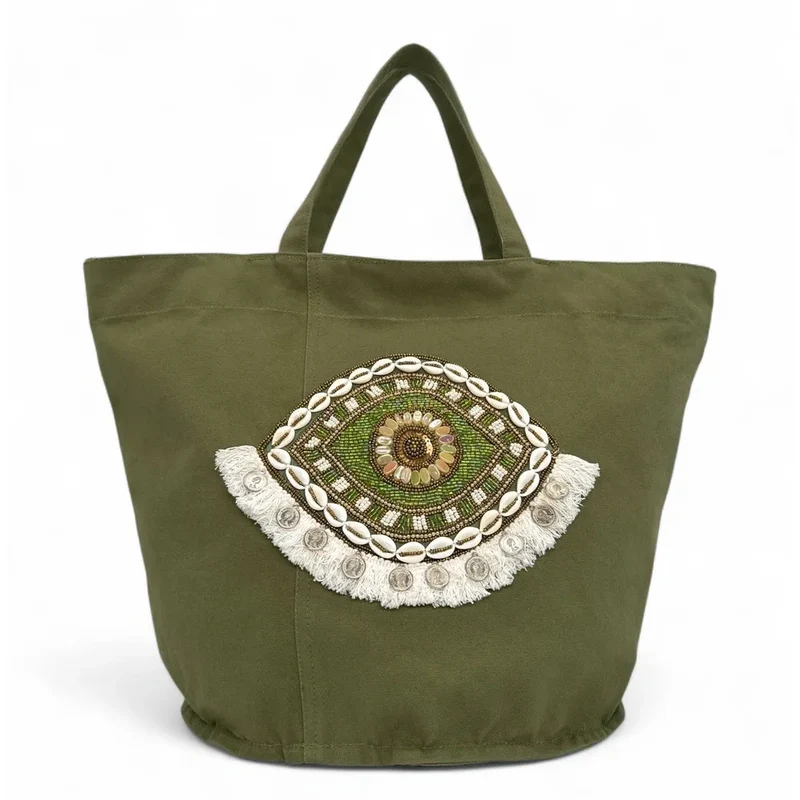 Grand sac en coton et perles I SEA YOU Kaki