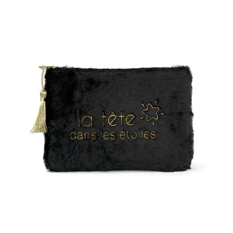 Trousse pochette en fausse fourrure FLUFFY STAR Noir