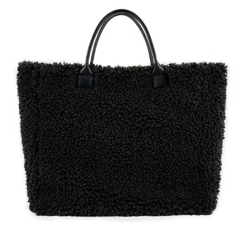Sac cabas en cuir et peluche GRAND PILOU Noir
