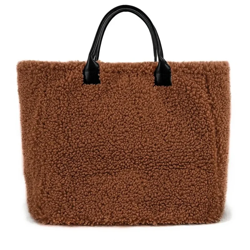 Sac cabas en cuir et peluche GRAND PILOU Chocolat