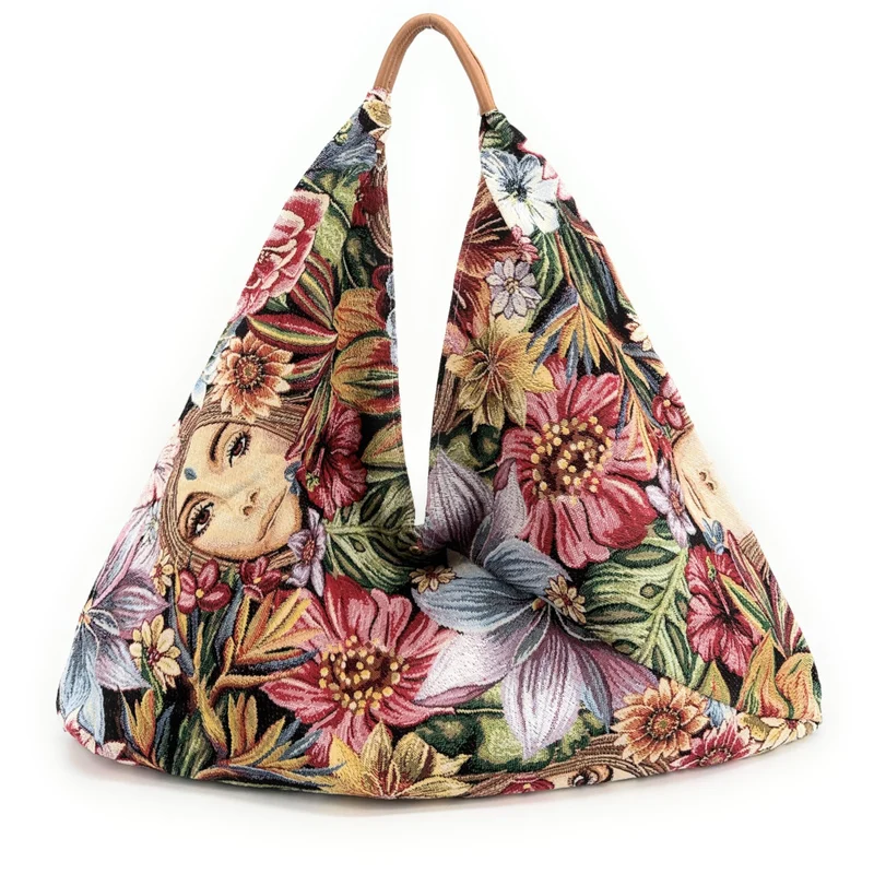 Grand sac hobo en coton tissé et cuir CARMEN Multicolore 2