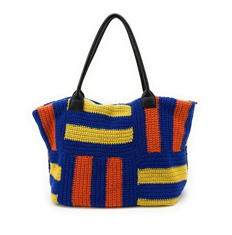 Sac à main cabas en coton et cuir NEEDLE Bleu