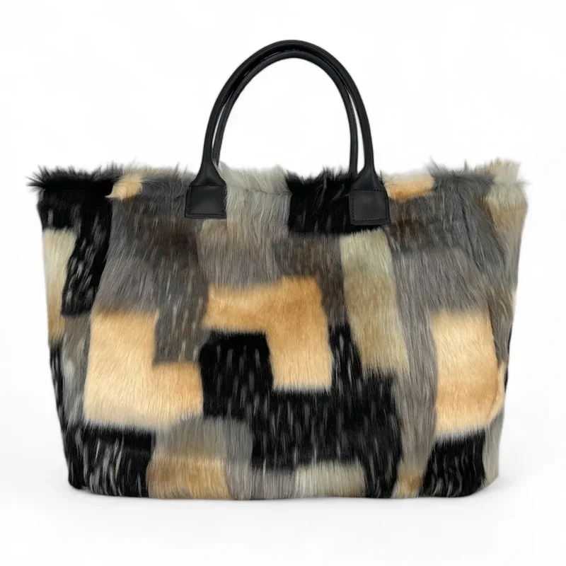 Sac cabas shopping XL en fausse fourrure et cuir TABBY Mosaïc