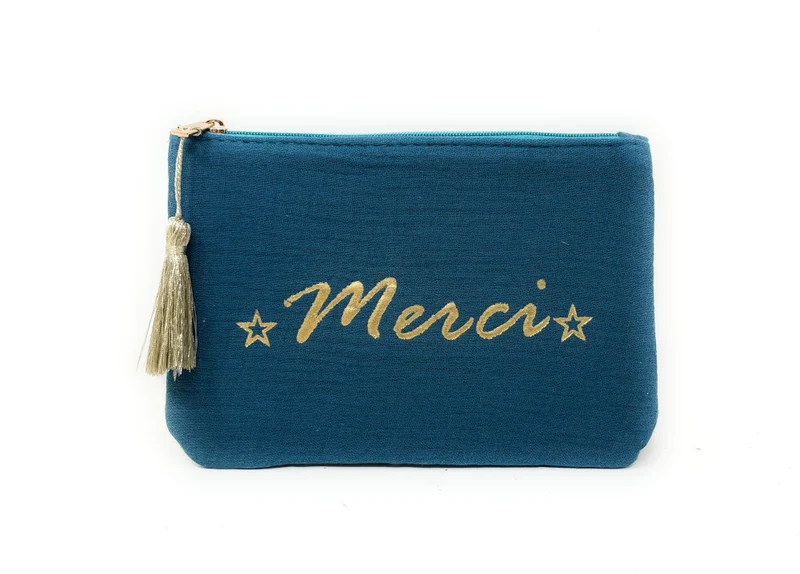 Trousse pochette en gaze de coton COCOON Merci Bleu vert canard