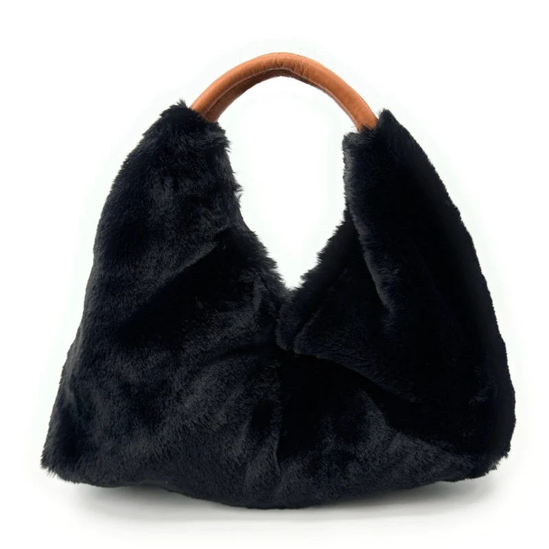 Sac hobo en fausse fourrure et cuir LITTLE FLUFFY Noir
