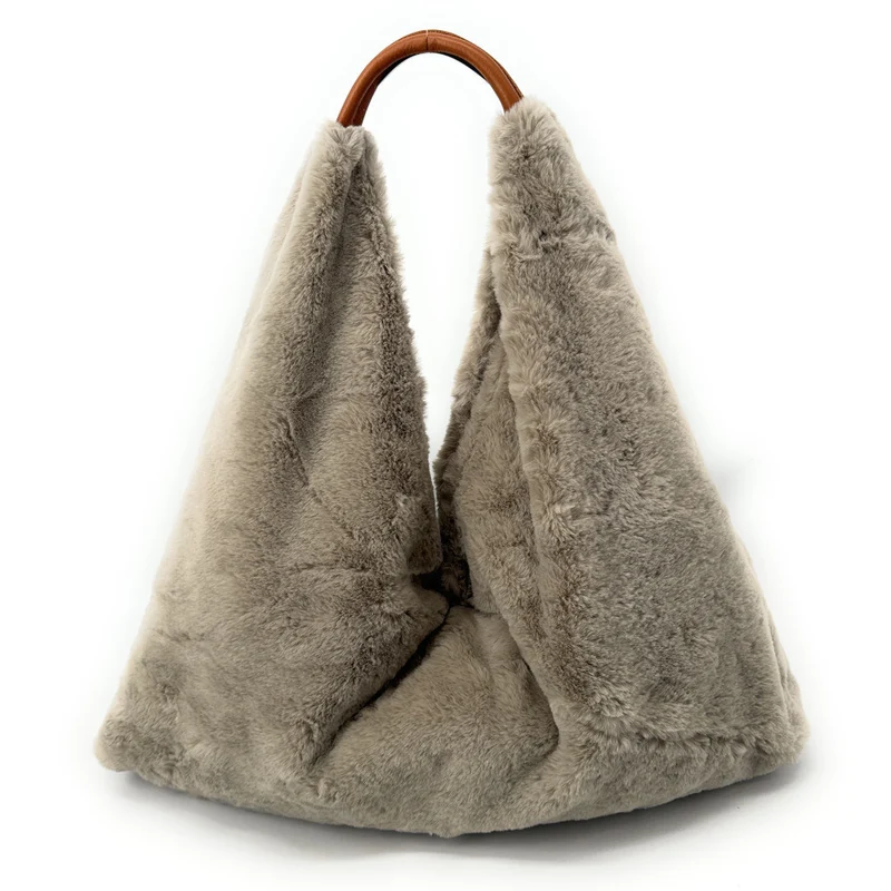 Grand sac hobo en fausse fourrure et cuir FLUFFY Gris taupe clair