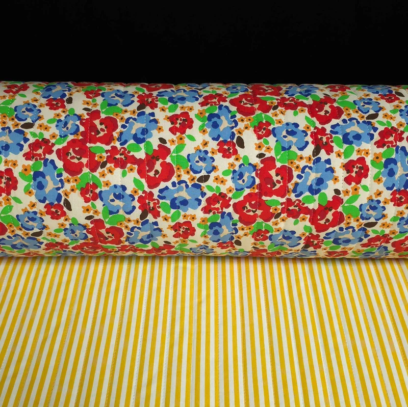 Tissu matelassé réversible en coton | Floral & rayures jaunes