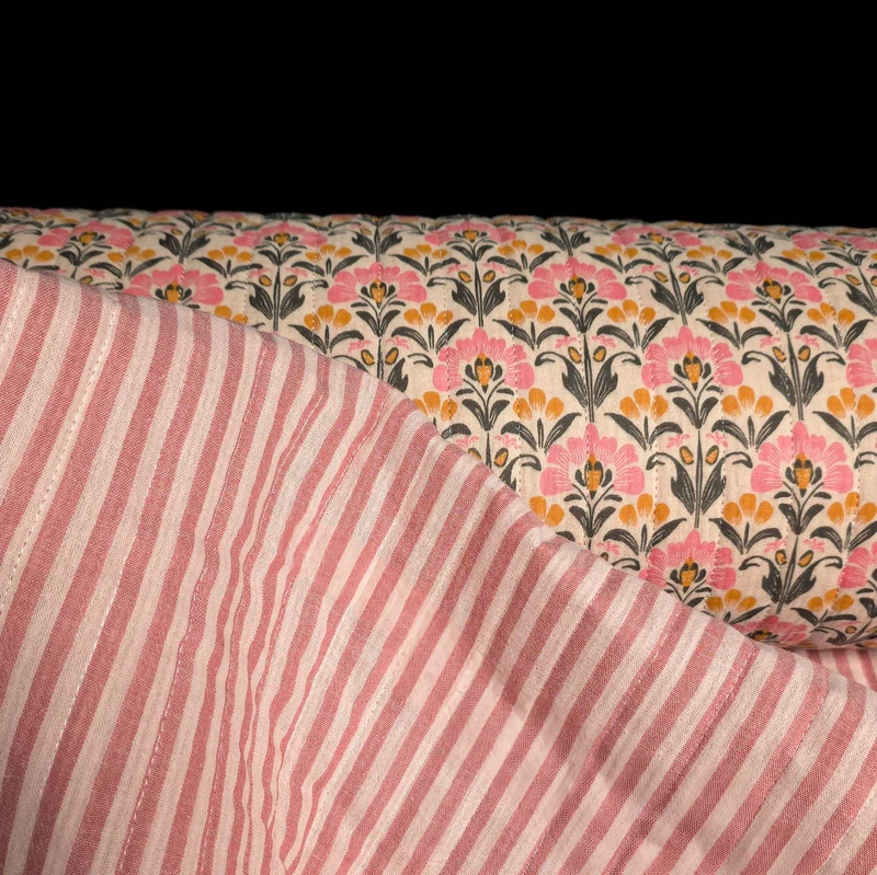 Double Gaze Matelassée Réversible | Fleurs vintage & rayures rose
