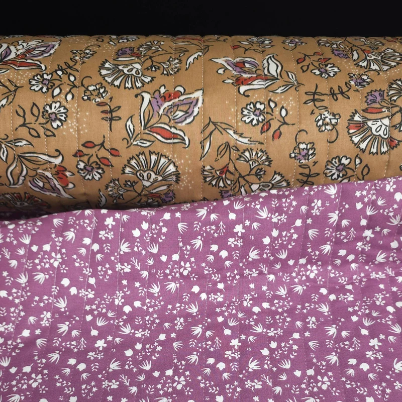 Coton matelassé réversible | Floral camel & prairie violette