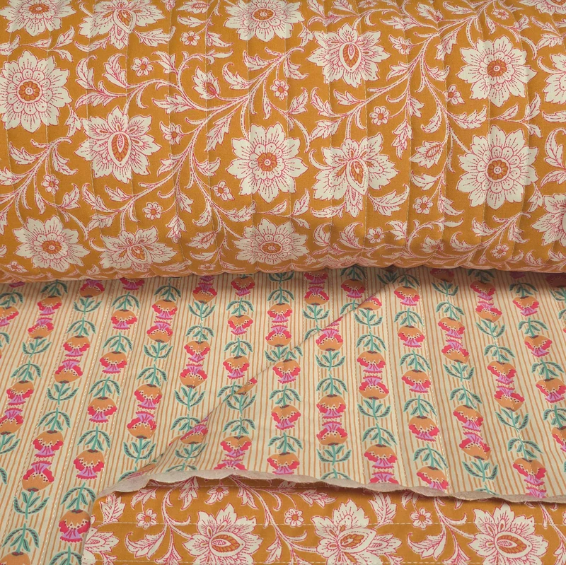 Coton matelassé réversible | Rayures bohèmes & floral