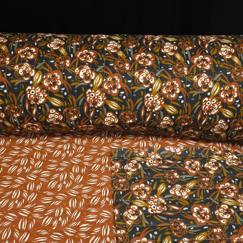 Coton matelassé réversible | Floral charbon & Feuilles rouille
