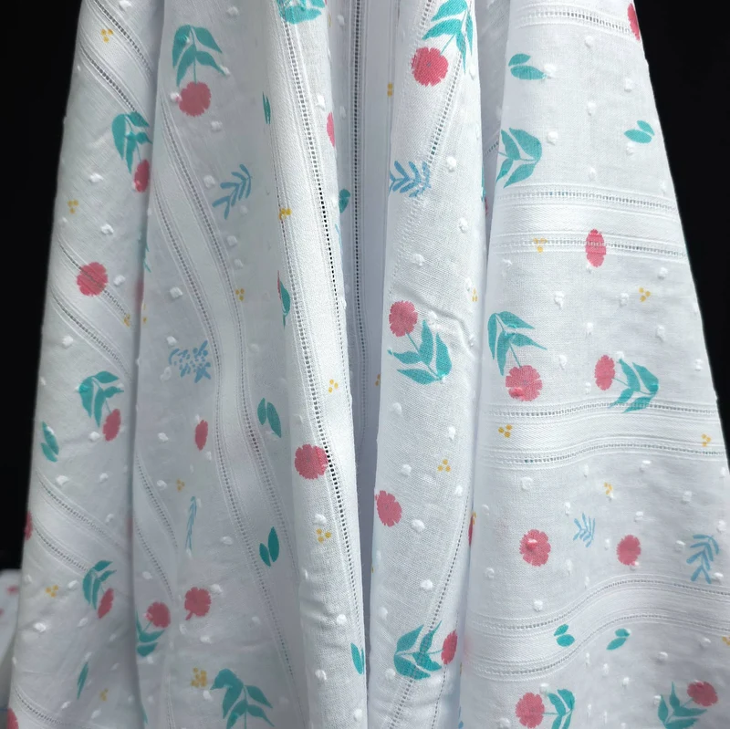 Voile de coton dobby | Fleurs roses et feuilles sarcelle | Blanc | Katia Fabrics