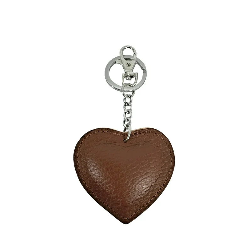 Porte-clés en cuir grainé COEUR SILVER Marron Châtaigne
