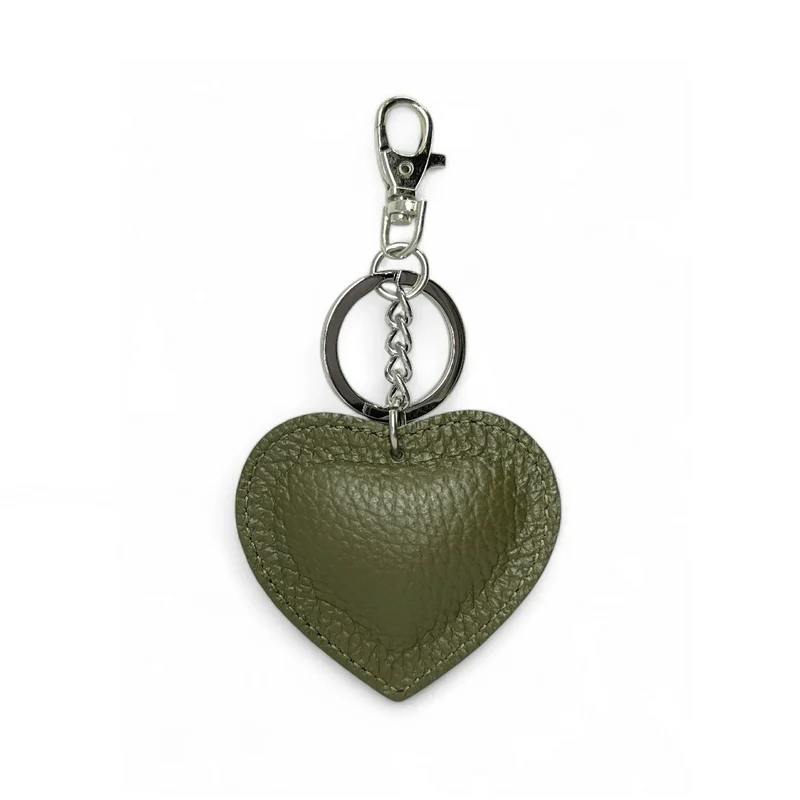 Porte-clés en cuir grainé COEUR SILVER Vert Kaki