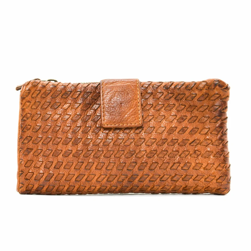 Portefeuille porte-monnaie en cuir tressé NAZCA Cognac