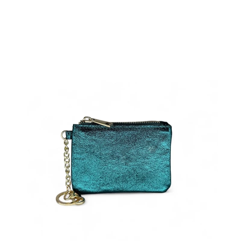Porte-monnaie porte-clés en cuir irisé POCKET GLOW Bleu paon