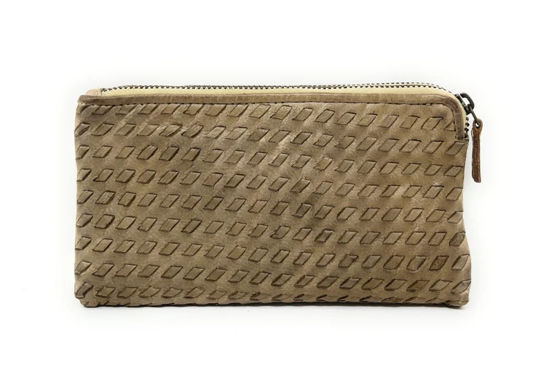 Portefeuille porte-monnaie en cuir tressé SAHARA Taupe clair
