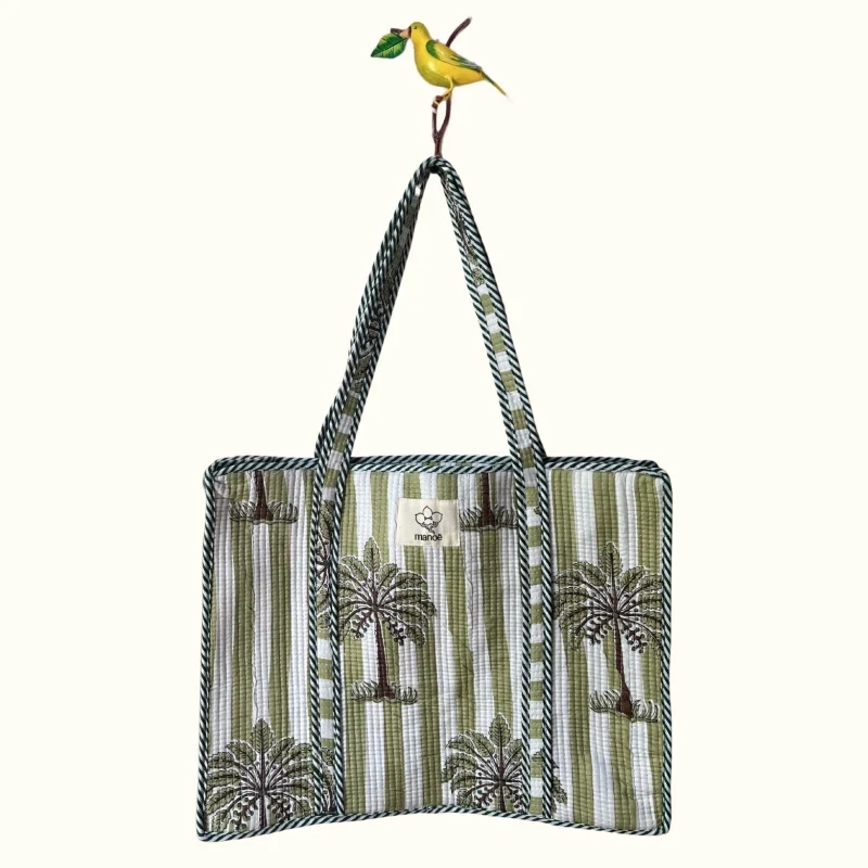 Grand tote bag à Zip - "Greeny Minty Palmtree"