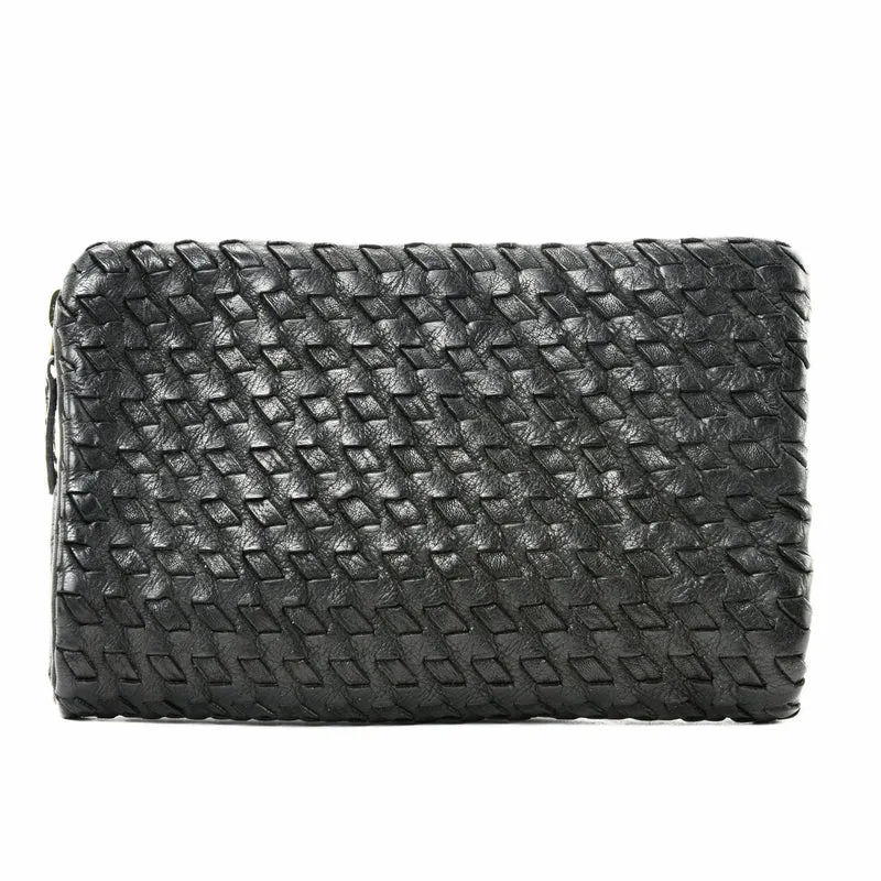 Portefeuille porte-monnaie en cuir tressé THAR Noir