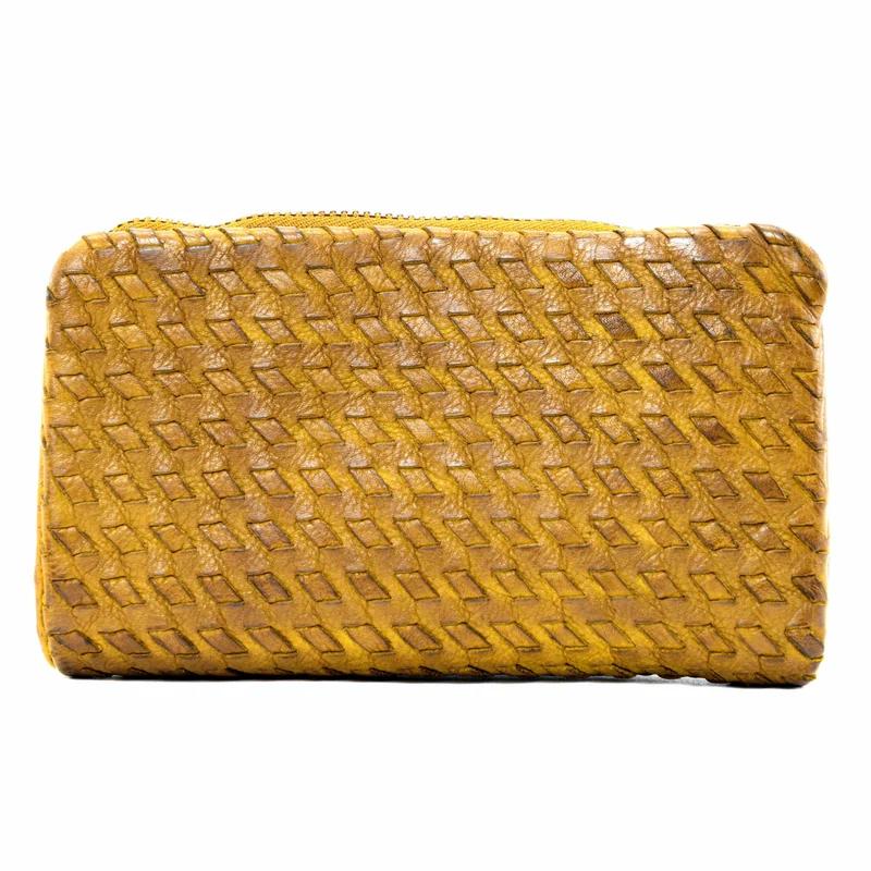 Portefeuille porte-monnaie en cuir tressé THAR Jaune Moutarde