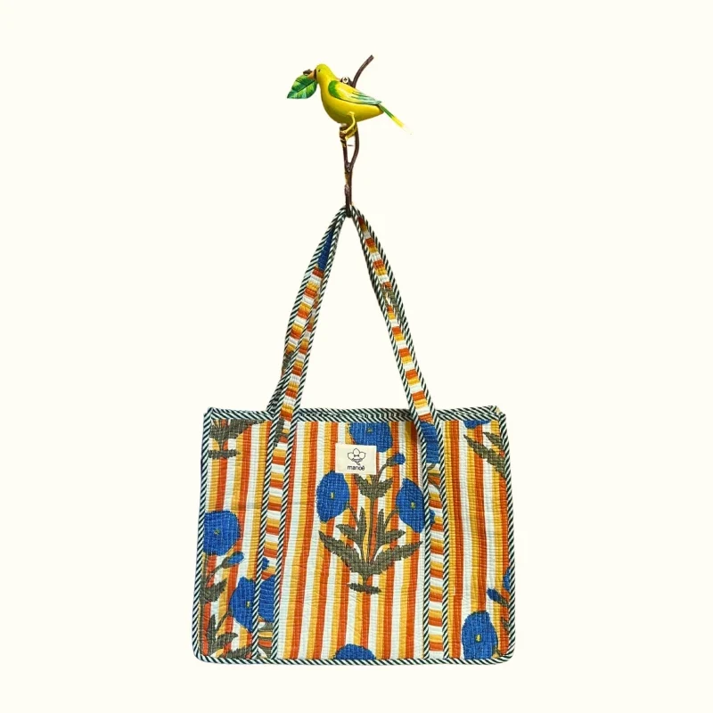 Grand tote bag - "Yellow Stripe & Bleu Bloom"