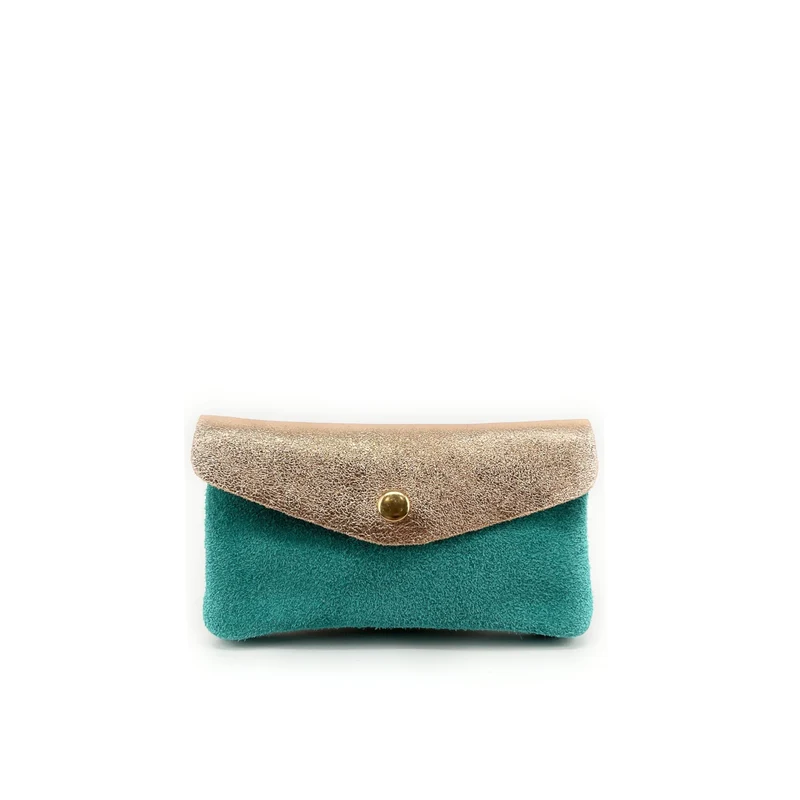 Pochette porte-monnaie en daim et cuir irisé COMBI Bleu turquoise