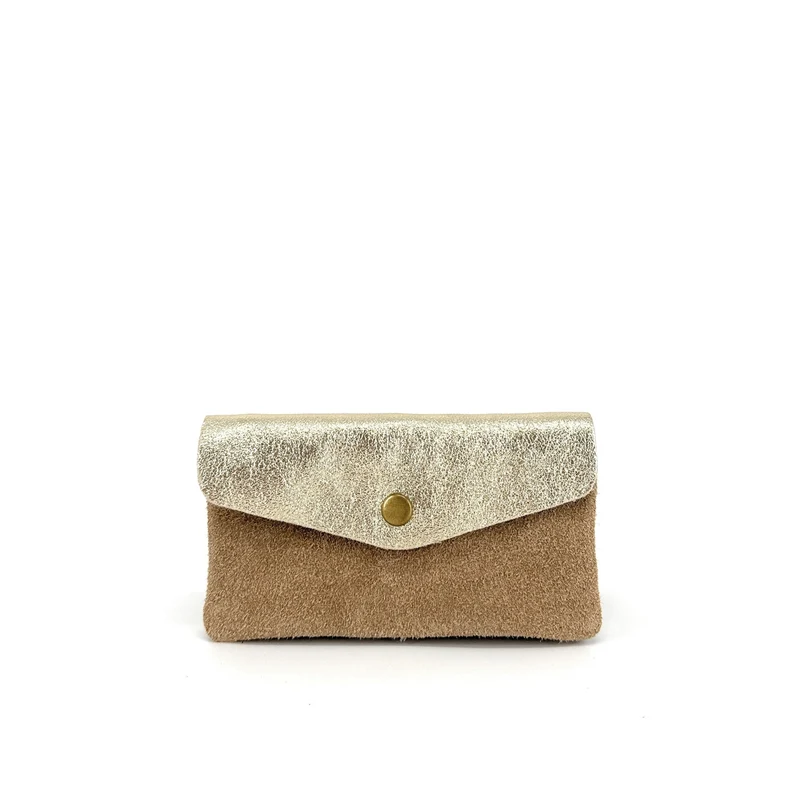 Pochette porte-monnaie en daim et cuir irisé COMBI Taupe clair