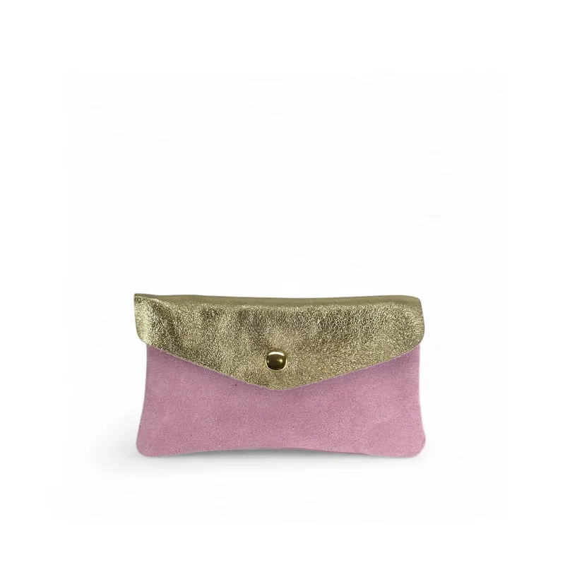 Pochette porte-monnaie en daim et cuir irisé COMBI Rose orchidée