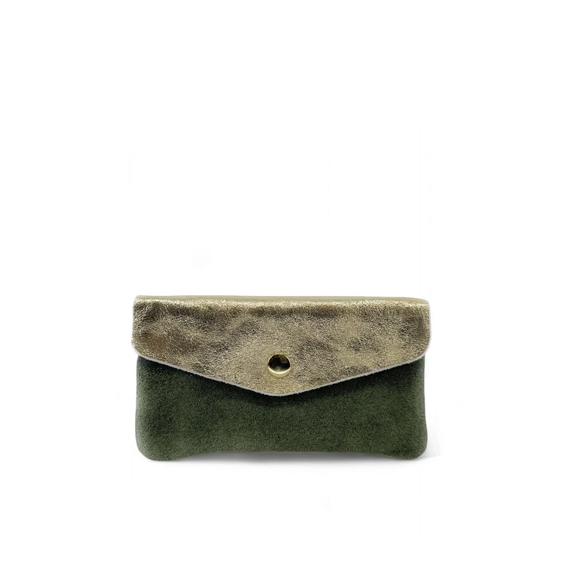 Pochette porte-monnaie en daim et cuir irisé COMBI Vert kaki