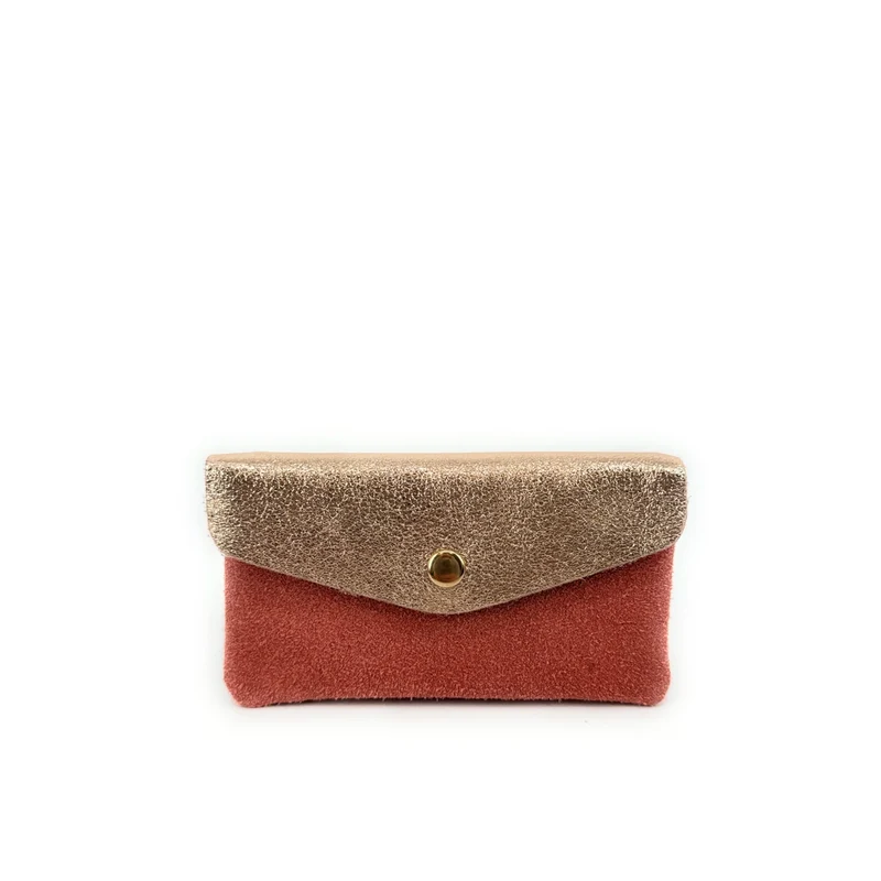 Pochette porte-monnaie en daim et cuir irisé COMBI Rose corail