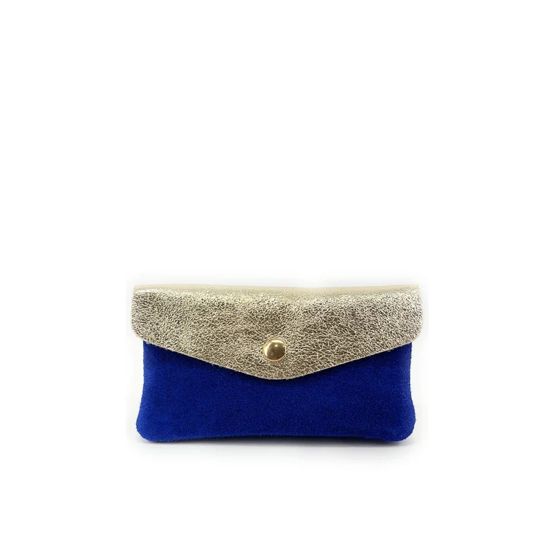 Pochette porte-monnaie en daim et cuir irisé COMBI Bleu roi