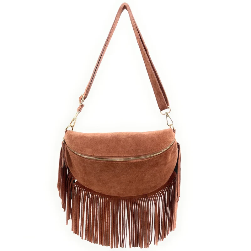 Sac banane en daim à franges LOU RODEO Rose blush