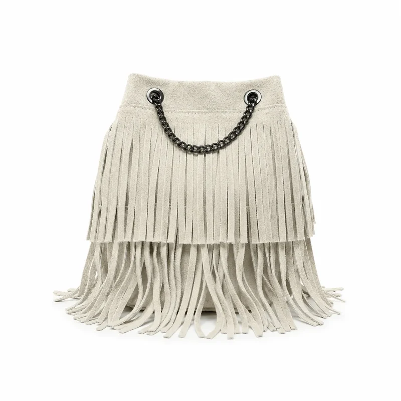 Sac à main à franges en daim TADI Taupe clair