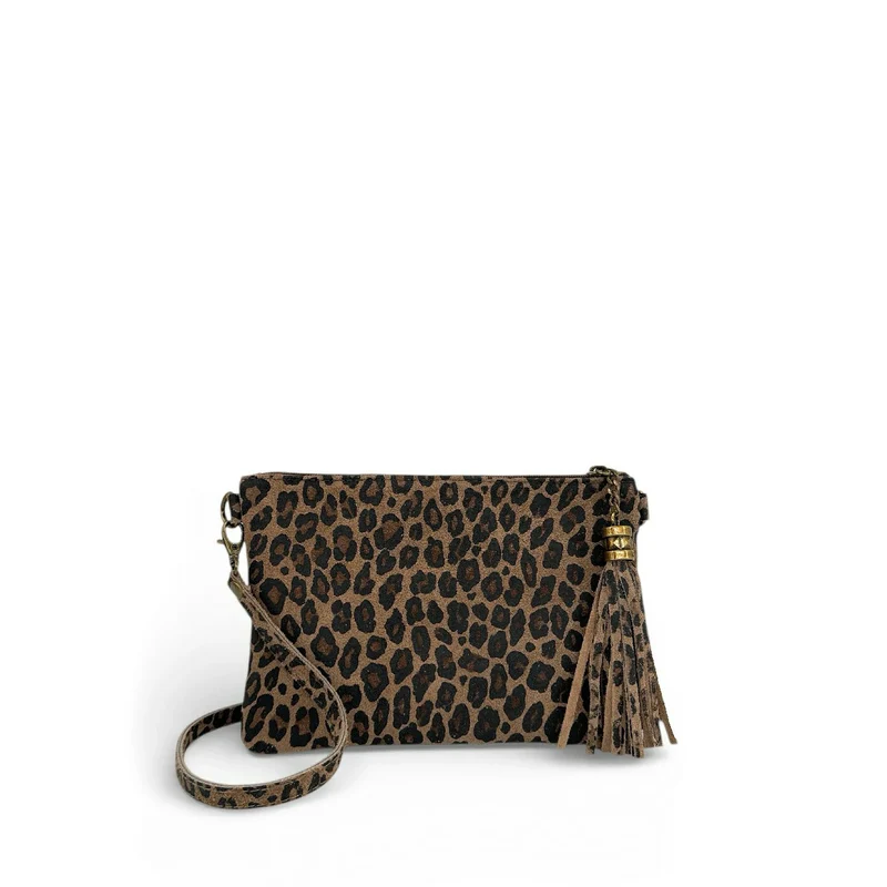 Sac pochette en daim à motif MORGANE JUNGLE Léopard taupe foncé