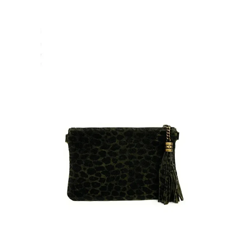 Sac pochette en daim à motif MORGANE JUNGLE Léopard kaki