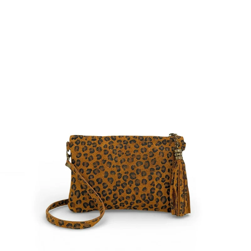 Sac pochette en daim à motif MORGANE JUNGLE Léopard camel