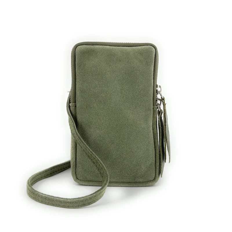 Pochette bandoulière en daim LOUVRE Vert amande