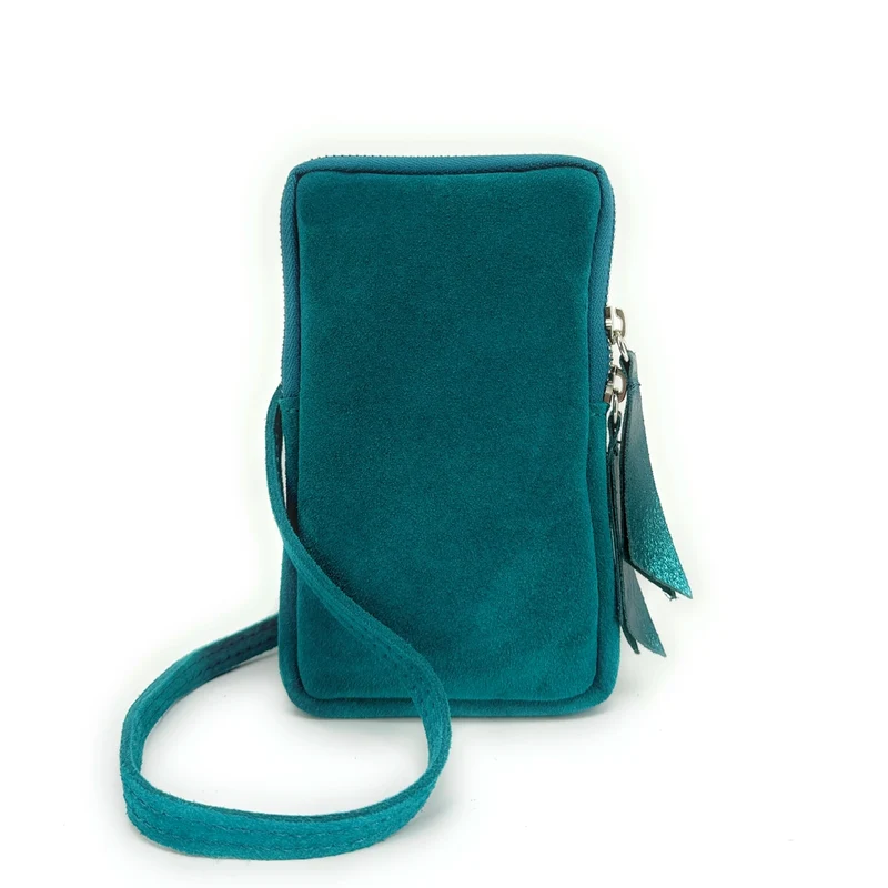 Pochette bandoulière en daim LOUVRE Bleu vert canard