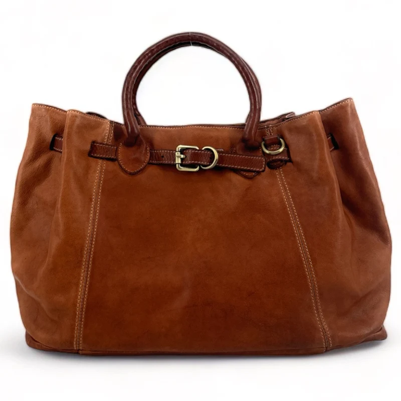 Grand sac cabas en cuir souple tannage végétal DEMETER Marron camel foncé