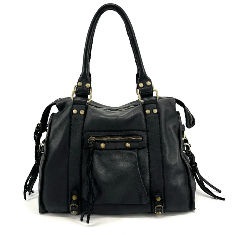 Grand sac en cuir souple tannage végétal STORM XL HURRICAN Noir