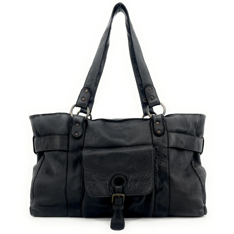Maxi sac cabas porté épaule en cuir vintage QUEEN M Noir